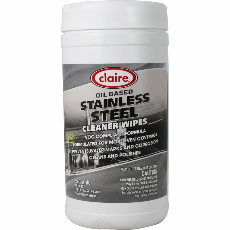 Claire Stainless Steel Wipe, Ready-To-Use Wipe, Citrus Scent, 9.50" Width x 12" Length, 40/Tub (CGCCL993) Each