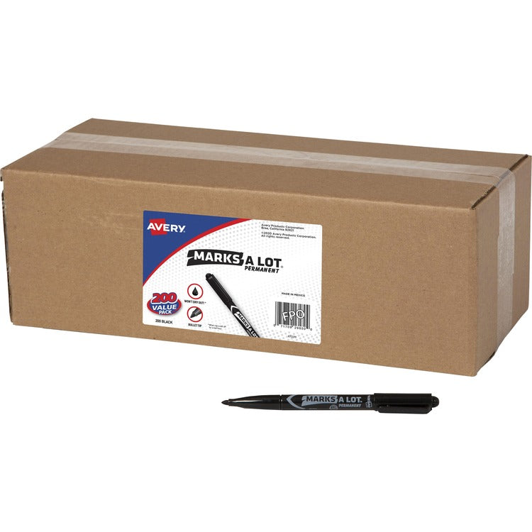 Avery&reg; Marks A Lot Value Pack Pen-Style Permanent Markers - Bullet Marker Point Style - Black - 200 / Carton (AVE29850)