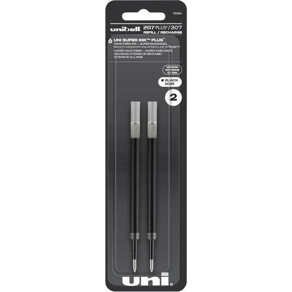 uniball&trade; 207 Plus Gel Rollerball Pen Refills, 0.70 mm Point, Black Ink, Super Ink, Water Resistant, Fade Resistant, Fraud Resistant, 2/Pack (UBC70161)