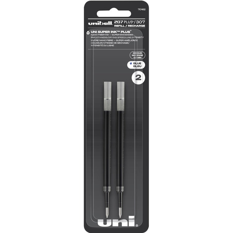 uniball&trade; 207 Plus Gel Rollerball Pen Refills, 0.70 mm Point, Blue Ink, Super Ink, Water Resistant, Fade Resistant, Fraud Resistant, 2/Pack (UBC70162) Pack of 2