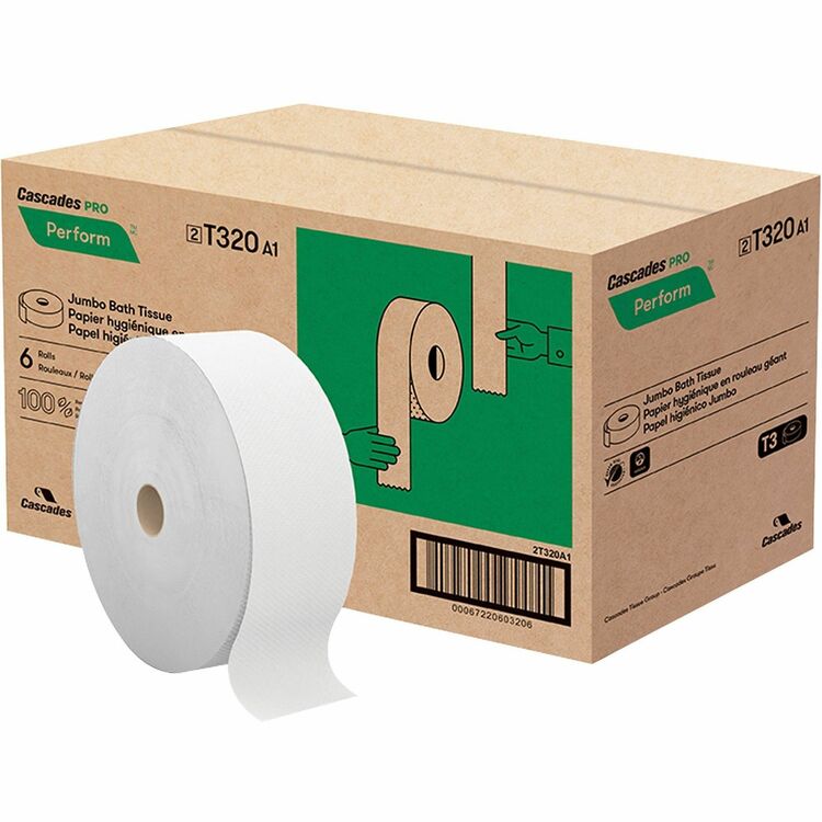 Cascades Perform Jumbo Toilet Paper, 2 Ply, White (T320), 2 Ply, 3.40" x 1250 ft, 9" Roll Diameter, 6/Pack (CSDT320) Case of 6