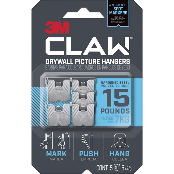 3M Claw Drywall Picture Hanger, Holds 15 lbs, 5 Hooks and 5 Spot Markers, Stainless Steel (MMM3PH15M5ES)