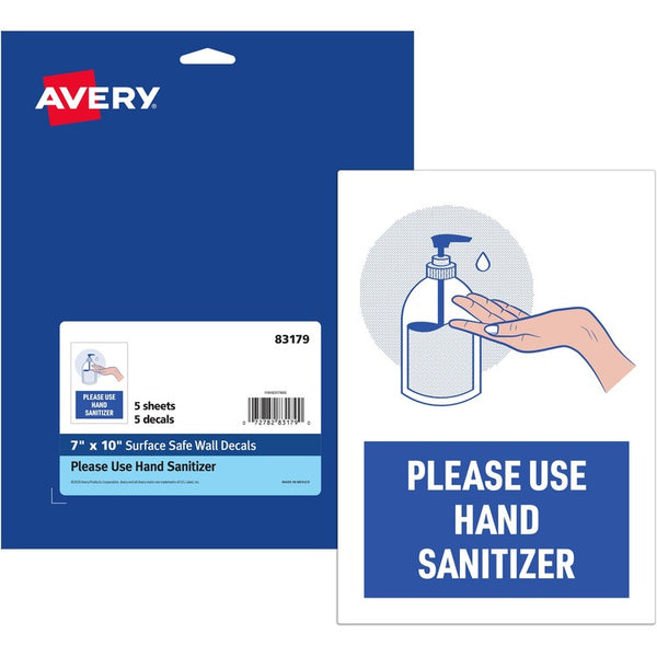 Avery&reg; Decal,"Please Use Hand Sanitizer" ,Wall,7"X10" ,5/Pk,We (AVE83179)