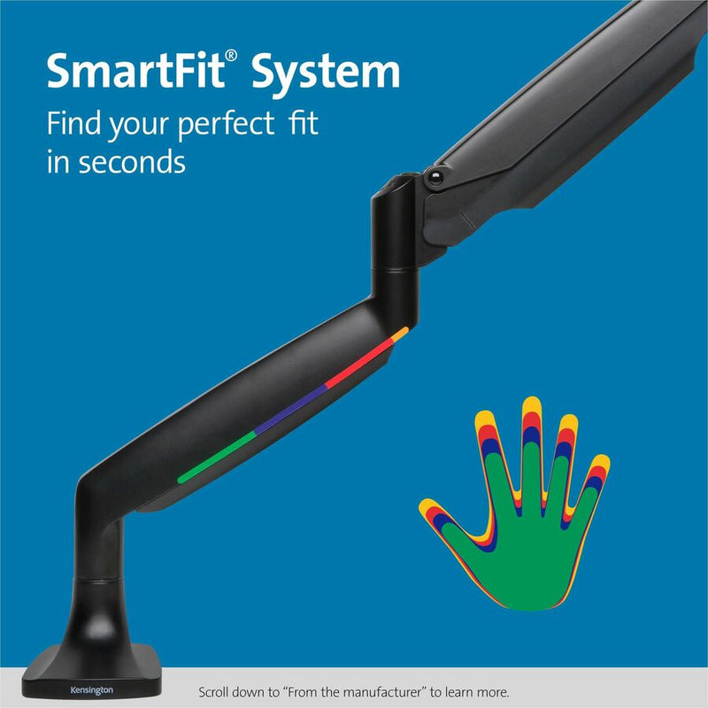 Kensington SmartFit Mounting Arm for Monitor, Curved Screen Display, Flat Panel Display, Black, Landscape/Portrait, Height Adjustable, 1 Display(s) Supported, 13" to 34" Screen Support (KMW59600) Each