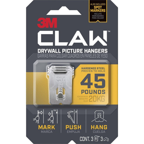 3M Claw Drywall Picture Hanger, Holds 45 lbs, 3 Hooks and 3 Spot Markers, Stainless Steel (MMM3PH45M3ES) Pack Of 3