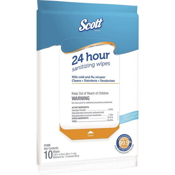 Scott 24 Hour Sanitizing Wipes, Wipe, Fresh Scent, 4.33" x 7.87" Length, 10/Softpack, 50/Carton, White (KCC41526) Case of 50