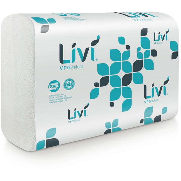 Livi VPG Select Multifold Towel, 1 Ply, Multifold, 9.06" x 9.45", White, Virgin Fiber, Soft, Embossed, Absorbent, Eco-friendly, For Office Building, 250 Per Pack, 16/Carton (SOL43514) Case of 16