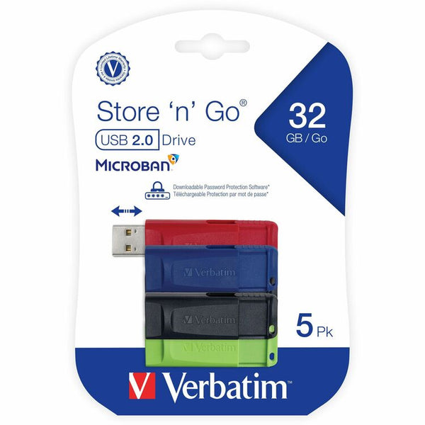 Verbatim 32GB Store 'n' Go&reg; USB Flash Drive - 5pk - Assorted - 32 GB - USB - Assorted - Lifetime Warranty - 5 Pack (VER70897)