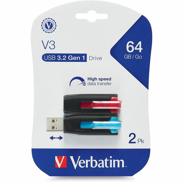 Verbatim 64GB Store 'n' Go V3 USB 3.0 Flash Drive - 2pk - Red, Blue - 64 GB - USB 3.0 - Blue, Red - Lifetime Warranty - 2 Pack (VER70899)