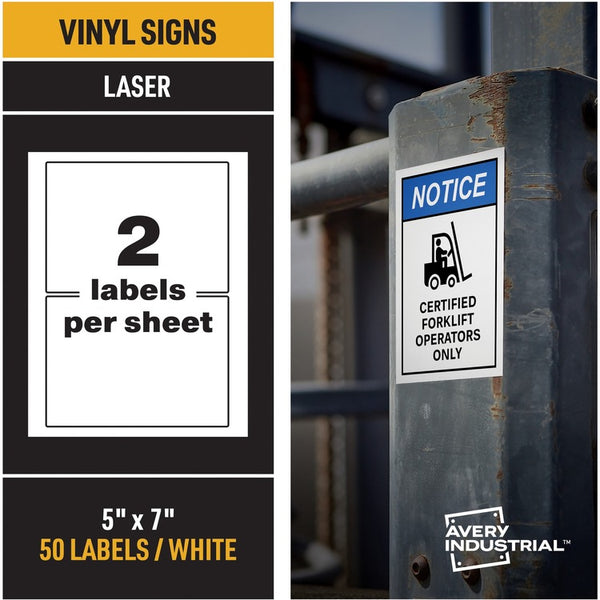 Avery&reg; Adhesive Printable Vinyl Signs, 5" x 7" Length, 2 / Sheet, 25 Total Sheets, 50 Labels (AVE61551)