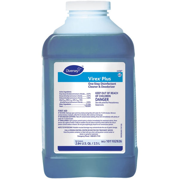 Diversey Virex Plus Disinfectant Cleaner - Concentrate Liquid - 84.5 fl oz (2.6 quart) - Surfactant Scent - 2 / Carton - Blue (DVO101102926) Case of 2