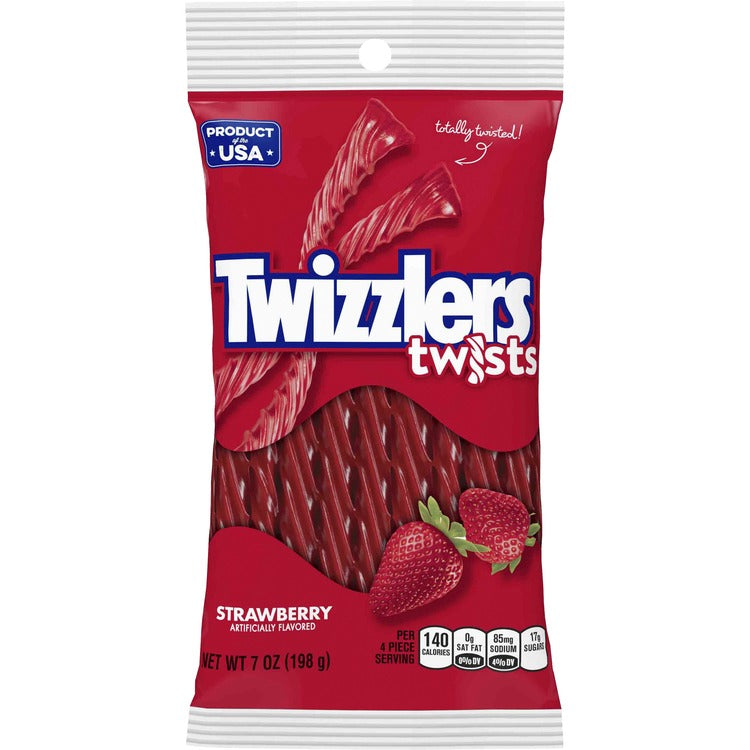 Twizzlers Twists Strawberry Flavored Candy - Strawberry - Low Fat, Trans Fat Free - 7 oz - 12 / Carton (HRS54402) Case of 12