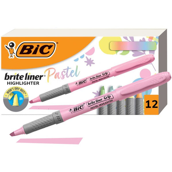 BIC Brite Liner Grip Pastel Highlighters - Chisel Marker Point Style - Pastel Yellow, Pastel Pink, Pastel Blue, Pastel Green, Pastel Purple, Pastel Orange - 1 Dozen (BICGBLD11AST)