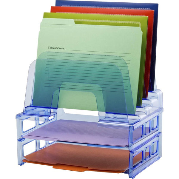 Officemate Blue Glacier&trade; Large Incline Sorter w/ 2 Letter Trays, 14.3" x 13.4" x 9",Transparent Blue (OIC23211)