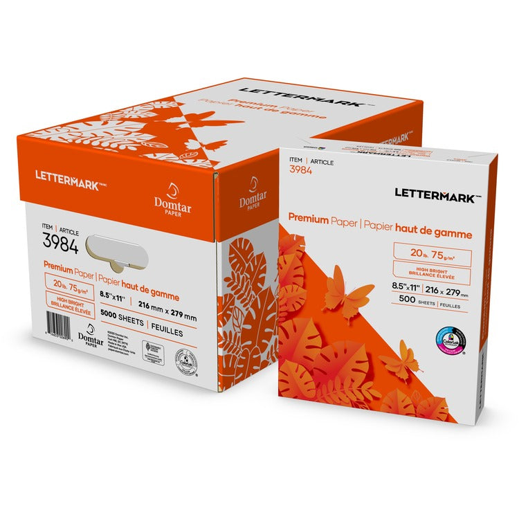 Lettermark Premium Inkjet, Laser Copy & Multipurpose Paper - White - 96 Brightness - Letter - 8 1/2" x 11" - 20 lb Basis Weight - 75 g/m&#178; Grammage - 5000 / Carton (DMR3984) 10 Reams