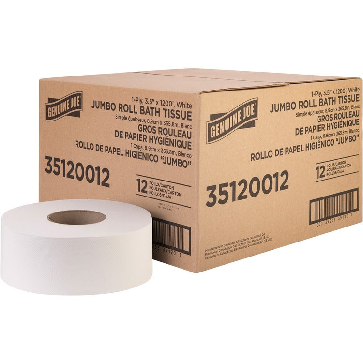 Genuine Joe 1-ply Jumbo Roll Bath Tissue - 1 Ply - 3.63" x 1200 ft - 8.88" Roll Diameter - White - Fiber - Sewer-safe, Septic Safe - For Bathroom - 12 / Carton (GJO35120012)