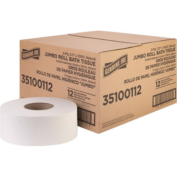 Genuine Joe Jumbo Jr Dispenser Bath Tissue Roll - 2 Ply - 3.30" x 1000 ft - 8.88" Roll Diameter - White - Fiber - Sewer-safe, Septic Safe - For Bathroom - 12 / Carton (GJO35100112)