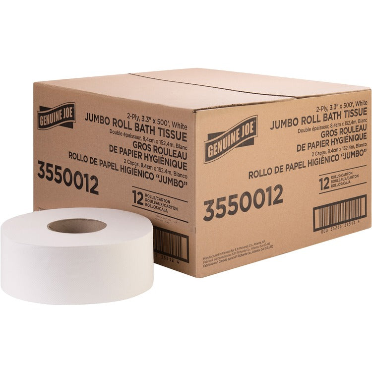 Genuine Joe Jumbo Jr Dispenser Bath Tissue Roll - 2 Ply - 3.30" x 500 ft - 8.88" Roll Diameter - White - Fiber - Sewer-safe, Septic Safe - For Bathroom - 12 / Carton (GJO3550012)