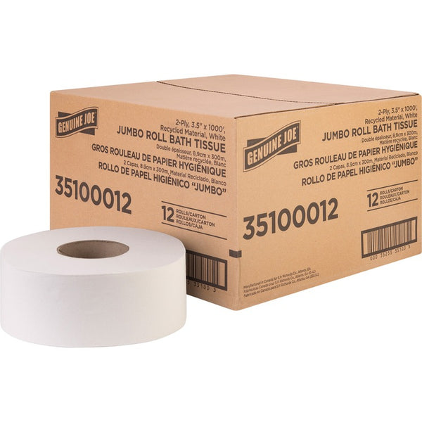 Genuine Joe Jumbo Jr Dispenser Bath Tissue Roll, 2 Ply, 3.50" x 1000 ft - 8.88" Roll Diameter, 12/Carton (GJO35100012)