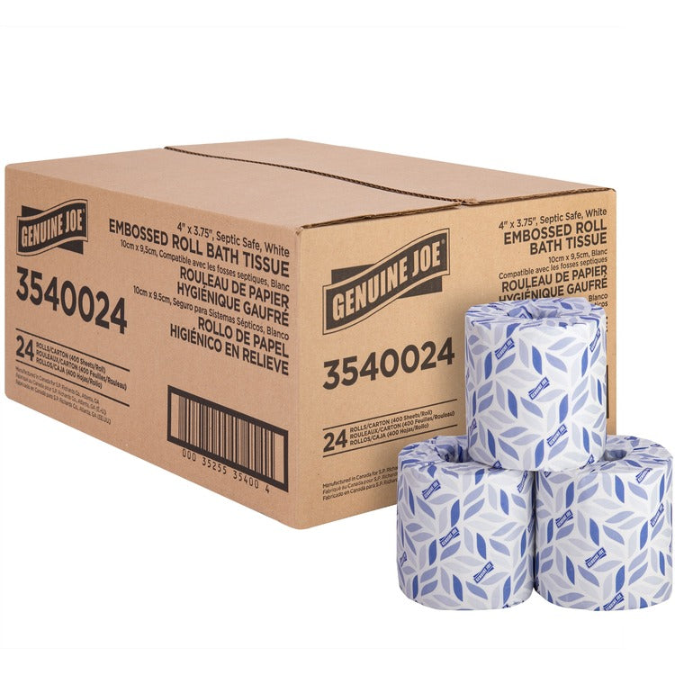 Genuine Joe 2-ply Bath Tissue Rolls - 2 Ply - 4" x 3.75" - 400 Sheets/Roll - White - Perforated, Absorbent, Soft, Sewer-safe, Septic Safe - For Bathroom, Restroom - 24 / Carton (GJO3540024)