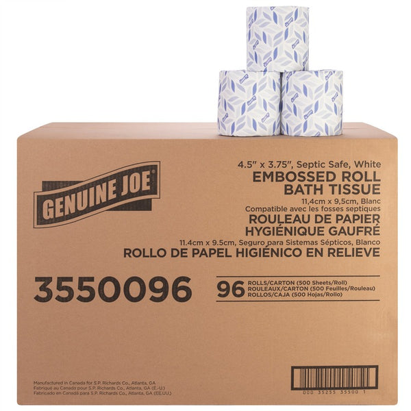 Genuine Joe 2-ply Bath Tissue - 2 Ply - 4.50" x 3" - 500 Sheets/Roll - White - Fiber - Perforated, Absorbent, Soft - For Bathroom, Restroom - 96 / Carton (GJO3550096)