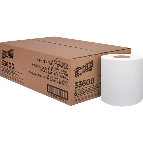 Genuine Joe Centerpull Towel Rolls - 600 Sheets/Roll - White - Virgin Fiber - Center Pull, Soft, Absorbent - For Washroom - 6 / Carton (GJO33600)