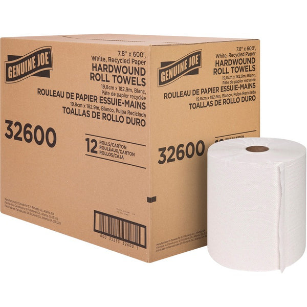 Genuine Joe Hardwound Roll Paper Towels - 12" x 600 ft - White - Paper - Absorbent - For Restroom - 1 / Carton (GJO32600)