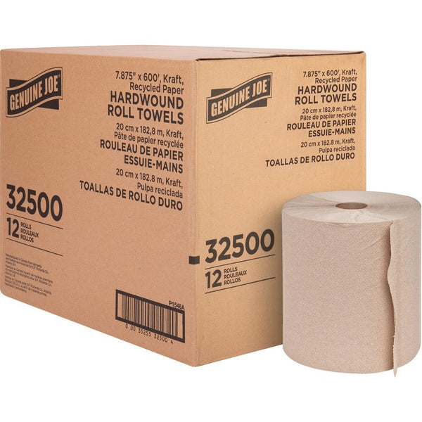 Genuine Joe Embossed Hardwound Roll Towels - 7.88" x 600 ft - Brown - Absorbent - For Restroom - 12 / Carton (GJO32500)