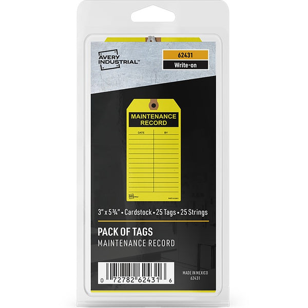 Avery&reg; Preprinted MAINTENANCE RECORD Hang Tags - 5.75" Length x 3" Width - 25 / Pack - Card Stock - Yellow (AVE62431)