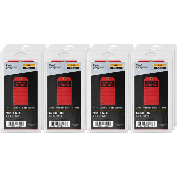 Avery&reg; Preprinted OUT OF SERVICE Red Service Tags - 5.75" Length x 3" Width - 25 / Pack - Card Stock - Red (AVE62429) Each