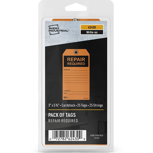 Avery&reg; Preprinted REPAIR REQUIRED Repair Tags - 5.75" Length x 3" Width - 25 / Pack - Card Stock - Orange (AVE62430)