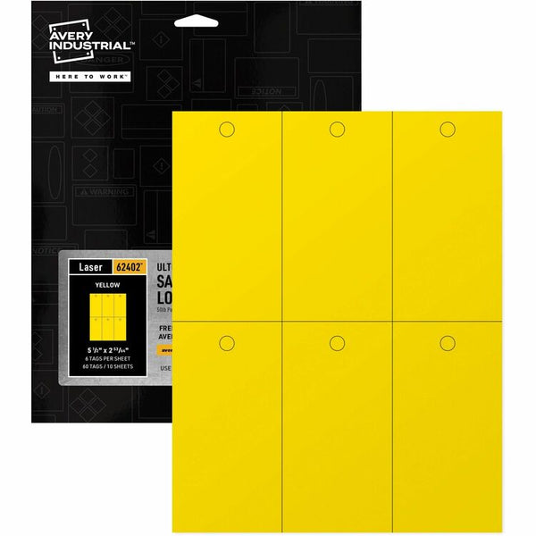 Avery&reg; UltraDuty Lock Out Tag Out Hang Tags - 2.92" Length x 5.50" Width - 60 / Pack - Plastic - Yellow (AVE62402)