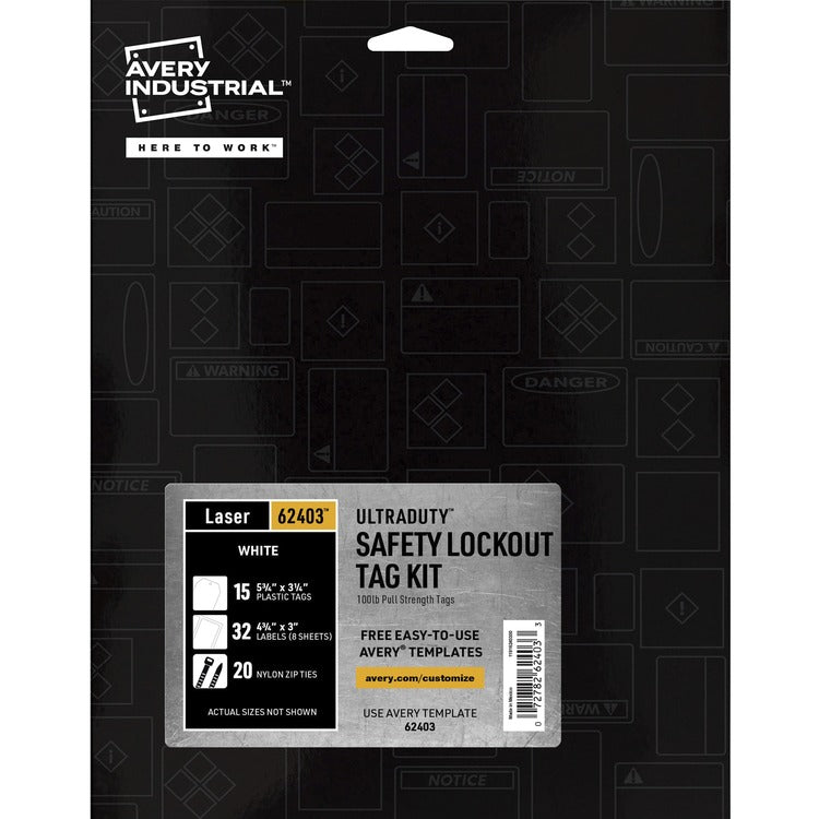 Avery&reg; UltraDuty 100-lb Pull Strength Tag Kit - 3.25" Length x 5.75" Width - 15 / Pack - Plastic, Vinyl, Nylon - White (AVE62403) Each