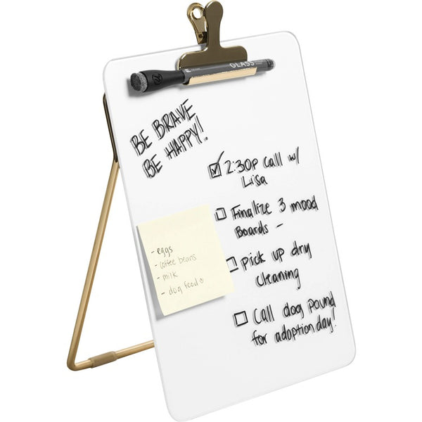 U Brands Glass Dry-Erase Desktop Easel, Tempered Glass, Gold Metal Stand, Removable Clip - Tempered Glass - Rectangle - Vertical - 1 (UBR4974A0106) Each