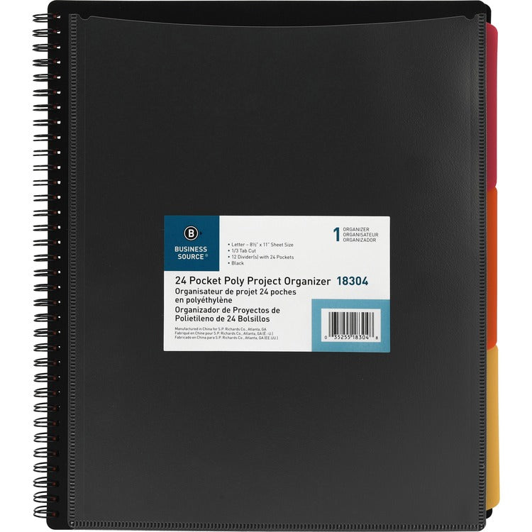 Business Source 1/3 Tab Cut Letter Organizer Folder - 8 1/2" x 11" - Spiral Fastener - 24 Pocket(s) - Black - 1 Each (BSN18304) Each