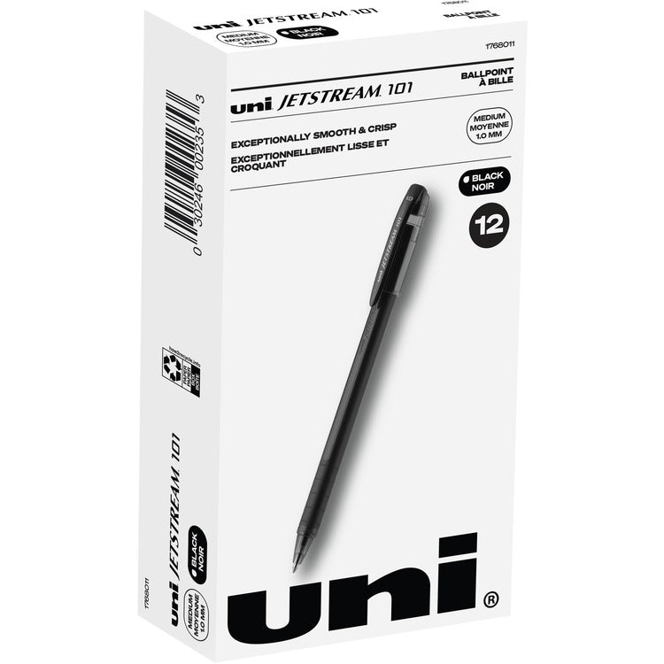 uni&reg; Jetstream 101 Roller Ball Pen, Stick, Bold 1 mm, Black Ink, Black Barrel, Dozen (UBC1768011) 1 Dozen