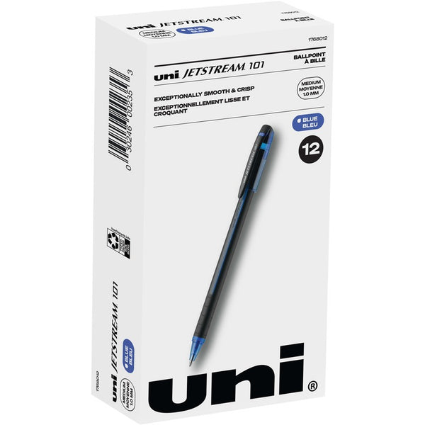 uni&reg; Jetstream 101 Roller Ball Pen, Stick, Bold 1 mm, Blue Ink, Black/Blue Barrel, Dozen (UBC1768012) 1 Dozen