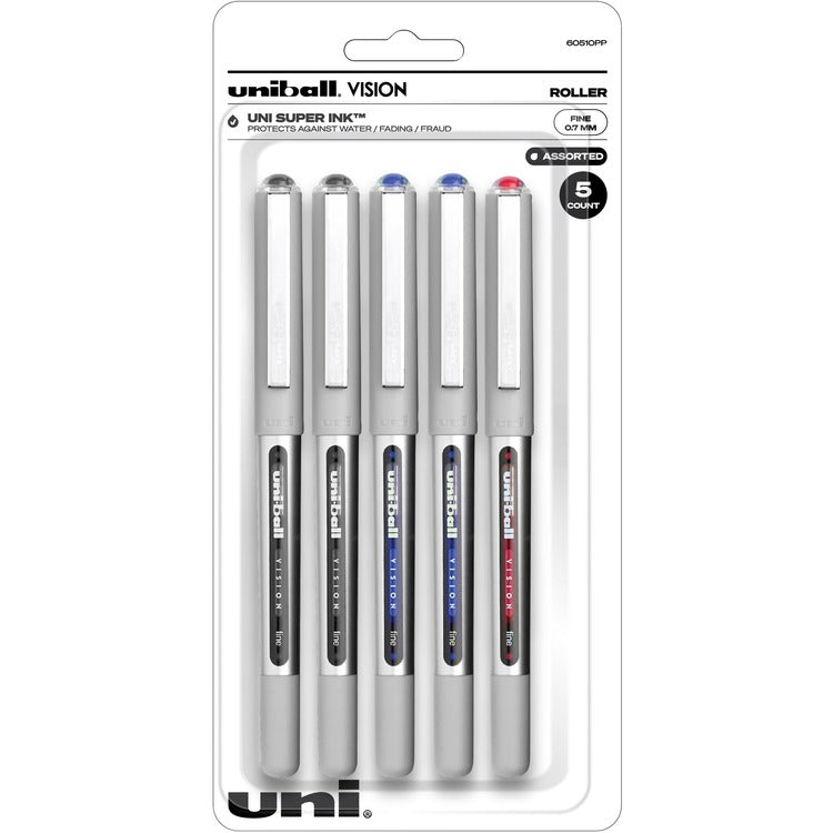 uniball&trade; Vision Rollerball Pen - Fine Pen Point - 0.7 mm Pen Point Size - Black, Blue, Red - 5 / Pack (UBC60510PP)