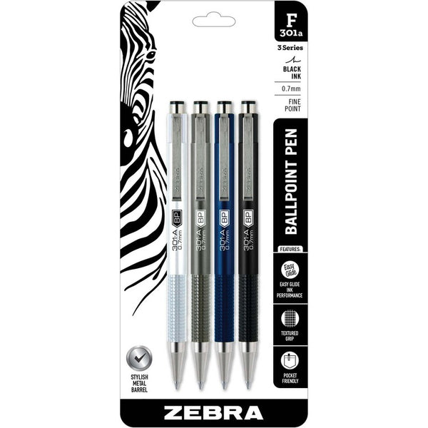 Zebra Pen 301A Stainless Steel Retractable Ballpoint Pens - Fine Pen Point - 0.7 mm Pen Point Size - Retractable - Black - Silver Aluminum, Gray, Navy, Black Barrel - 4 / Pack (ZEB27514)