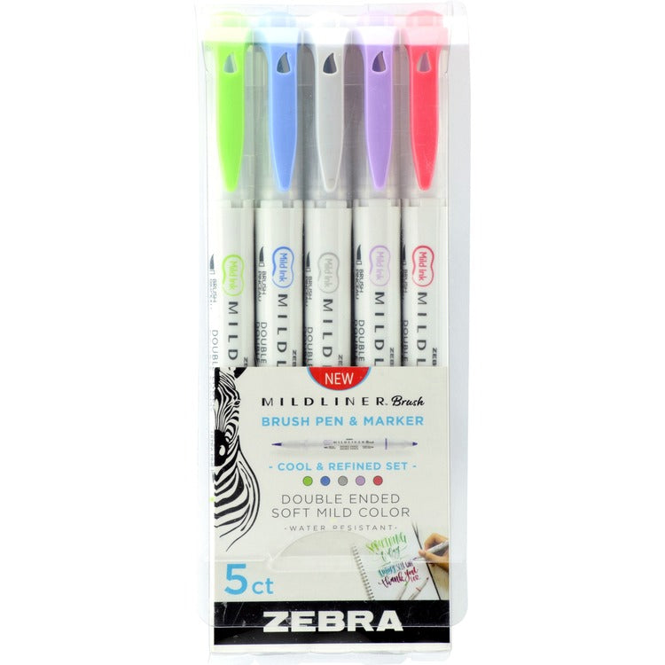 Zebra Mildliner Brush Pen & Marker Set - Fine Marker Point - Brush Marker Point Style - Green Pigment-based, Dark Blue, Gray, Violet, Red Ink - 5 / Pack (ZEB79205) Pack of 5