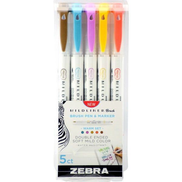 Zebra Mildliner Brush Pen & Marker Set - Fine Marker Point - Brush Marker Point Style - Gold Pigment-based, Magenta, Brown, Vermillion, Smoke Blue Ink - 5 / Pack (ZEB79305)