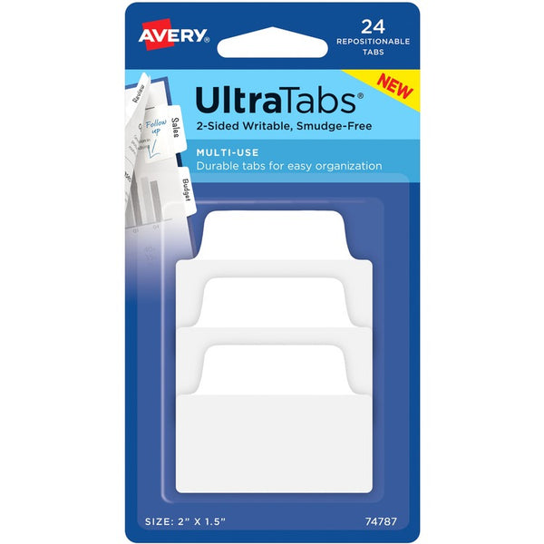 Avery&reg; Ultra Tabs Repositionable Multi-Use Tabs - 24 Tab(s) - 8 Tab(s)/Set - Clear Film, White Paper Tab(s) - 3 (AVE74787)