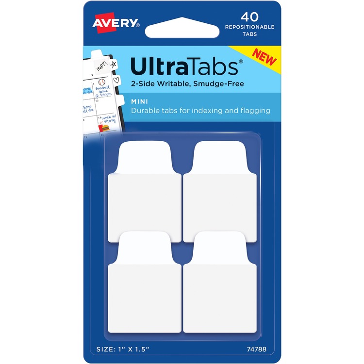 Avery&reg; Ultra Tabs Repositionable Mini Tabs - 40 Tab(s) - 10 Tab(s)/Set - Clear Film, White Paper Tab(s) - 4 (AVE74788)