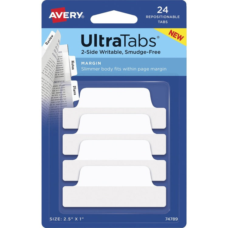 Avery&reg; Ultra Tabs Repositionable Margin Tabs - 24 Tab(s) - 6 Tab(s)/Set - Clear Film, White Paper Tab(s) - 4 (AVE74789)