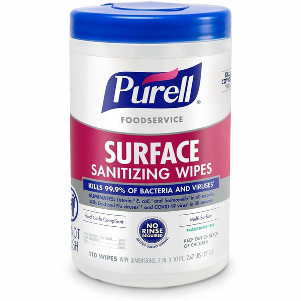 PURELL&reg; Foodservice Surface Sanitizing Wipes - Ready-To-Use Wipe7" x 10", 110 / Canister - 1 Each (GOJ934106)