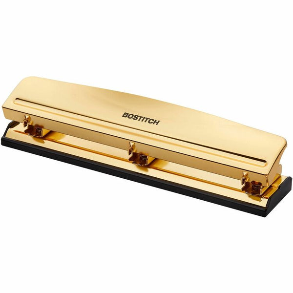 Bostitch 3-hole Punch - 3 Punch Head(s) - 12 Sheet - 9/32" Punch Size - Metal, Rubber - 2.5" x 10.6" - Yellow, Gold (BOSHP12GOLD)