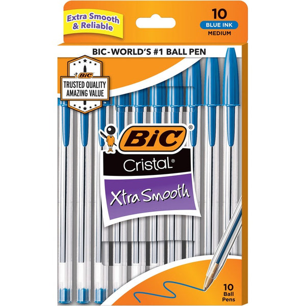 BIC Cristal Ballpoint Stick Pens - Medium Pen Point - Blue - Clear Barrel - 10 / Pack (BICMSP10BE)