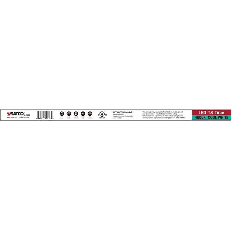 Satco 11 Watt LED T8 Bulb - 11 W - 150 W Incandescent Equivalent Wattage (SDNS49936) Case of 25