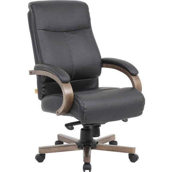 Lorell Wood Base Leather High-back Executive Chair - Black Leather Seat - Black Leather Back - High Back - Armrest - 1 Each (LLR69590)