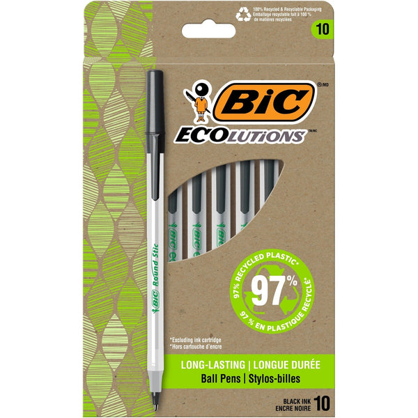 BIC ReVolution Round Stic Ballpoint Pen - Medium Pen Point - 1 mm Pen Point Size - Black - Semi-transparent Barrel - 10 / Dozen (BICGSME10BK)